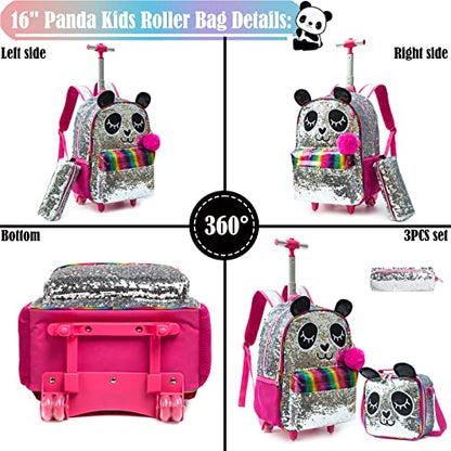 School Kids Rolling Backpack for Girls 3PCS With Trolley Wheeled Backpacks - color: Silver Red