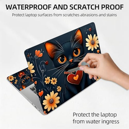 Black Cat with Heart Collar Floral Universal Laptop Skin Sticker 3PCS,Protective Decal Trim-to-Fit 11.6" 13.3" 14" 15.6" Laptop Vinyl Cover,Removable Anti-Scratch Computer Decal Protector - color: Black Cat with Heart Collar Floral