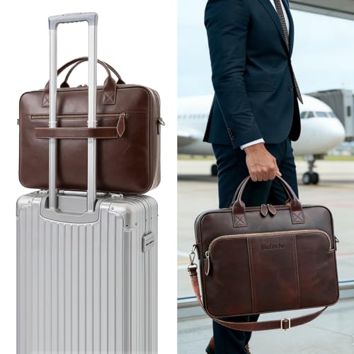 Blofinche Genuine Leather laptop briefcase 15.6 inch Computer Messenger shouledr work handbag Satchel bags - color: Coffee