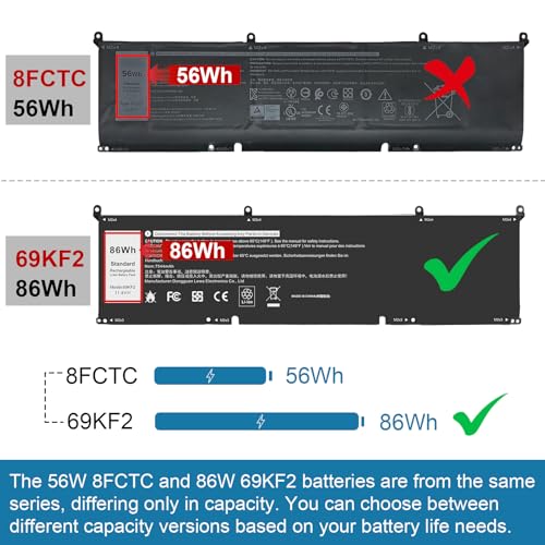 TREE.NB 69KF2 Battery Replacement for Dell XPS 15 9500 9510 9520 9530 Precision 5550 5560 G15 5510 5511 5520 5515 5521 G7 15 7500 P91F P87F 0GFJ6 7510 7610 7620 11.4V 86Wh 6-Cell - size: 13.1x3.3x0.24inch 69KF2