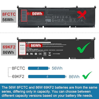 TREE.NB 69KF2 Battery Replacement for Dell XPS 15 9500 9510 9520 9530 Precision 5550 5560 G15 5510 5511 5520 5515 5521 G7 15 7500 P91F P87F 0GFJ6 7510 7610 7620 11.4V 86Wh 6-Cell - size: 13.1x3.3x0.24inch 69KF2