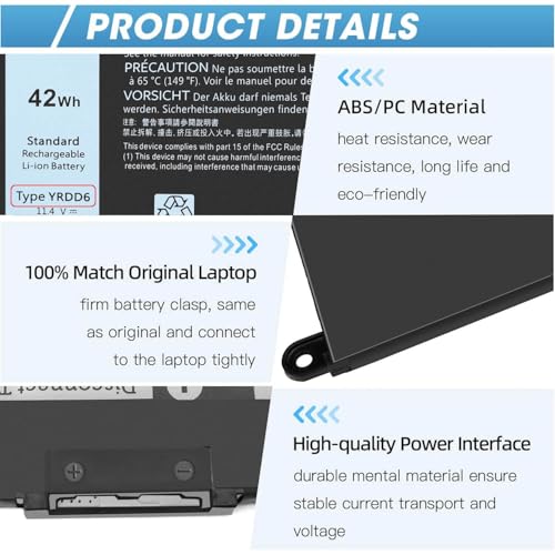 42Wh YRDD6 Battery for Dell Inspiron 15 3582 3583 3584 P75F 3593 5584 5585 | 5590 5593 5594 5598 5582 7586 14 3493 5481 P93G 5482 5485 5491 5482 2-in-1 5493 17 3793 Vostro 5481 5590 1VX1H VM732 OVM732 - size: 6.85*3.5*0.25inch YRDD6