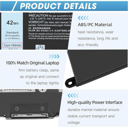 42Wh YRDD6 Battery for Dell Inspiron 15 3582 3583 3584 P75F 3593 5584 5585 | 5590 5593 5594 5598 5582 7586 14 3493 5481 P93G 5482 5485 5491 5482 2-in-1 5493 17 3793 Vostro 5481 5590 1VX1H VM732 OVM732 - size: 6.85*3.5*0.25inch YRDD6