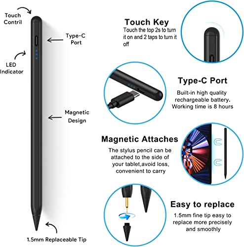 TaIYanG iPad Stylus Pen for iPad 2018-2026, Palm Rejection, Fast Charging | Tilt Sensitivity, for iPad Pencil A16 /10/9/8/7/6, Pro 11/13" (M5/M4),Air M4/M3/M2/5th/4th, Pro 11/12.9", Mini 6/5, Black - color: Black