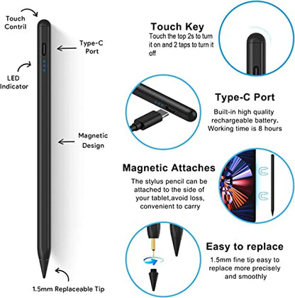 TaIYanG iPad Stylus Pen for iPad 2018-2026, Palm Rejection, Fast Charging | Tilt Sensitivity, for iPad Pencil A16 /10/9/8/7/6, Pro 11/13" (M5/M4),Air M4/M3/M2/5th/4th, Pro 11/12.9", Mini 6/5, Black - color: Black