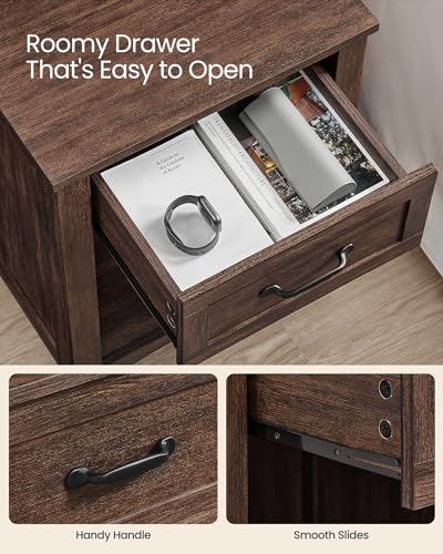 VASAGLE LIRY Collection - Farmhouse Nightstands with Charging Station, Set of 2 Bedside Tables, Side Tables with Drawer, Open Compartment, for Bedroom, Maroon Brown ULET959K51 - color: Maroon Brown, size: 2 PACK, style: 17.7"W x 23.6"H With 1 Drawer