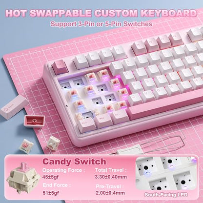 YUNZII B98 PRO QMK/VIA Wireless Mechanical Gaming Keyboard,96% Layout with Numpad and Cute Cat Knob, BT/2.4G/USB-C,Linear Switch Hot Swap Gasket,RGB for Win/Mac (Pink, Candy Linear Switch) - color: Pink, size: Candy Linear Switch