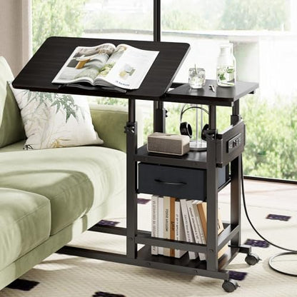 DAPOTUG Adjustable Overbed Bedside Table with Wheels, Charging Station | Tilting Top, Adjustable Side Table, 2-Tier Storage with Drawer, Over Bed Table, C-Shaped End Table for Beds, Couch - color: Black