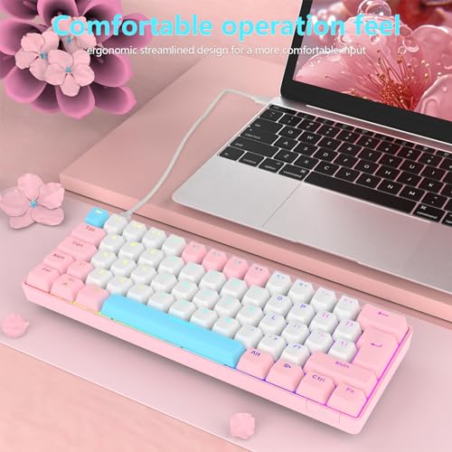 RK-T60 Wired 60% TKL Mechanical Gaming Keyboard Led Rainbow Backlight Ultra-Compact NKRO Linear Red Switch ABS Keycap RGB Honeycomb Mice Coiled Aviator Cable for Windows Laptop PS4/PC/WIN Gamer - color: Pink/Blue Switch