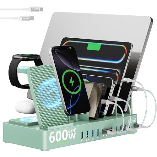 600w Charging Station for Multiple Devices, 15 in 1 Wireless Charger with 2pack 100w USB C Charger Cable, Dual 100w USB C Tablet Charging Station for MacBook,iPhone,iPad,Tablet(Green) - color: Green