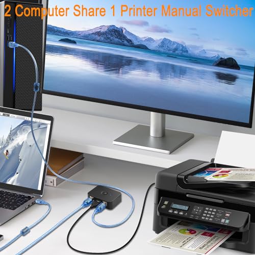QIANRENON USB2.0 Printer Sharer Switcher 2 Port USB B Print Selector Switch Adapter, 2 Computer Share 1 Printer Manual Switcher, with LED Light, Including 2 * 1.5m Print Cable