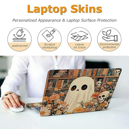 Universal Laptop Skin Sticker with 2 Wrist Pad Decals, 3-Piece Removable Vinyl Laptop Cover, Ghost Skull Florals Waterproof Anti-Scratch, Easy-Trim Fit for 13.3" 14" 15.6" Laptops - color: Ghost Skull Florals