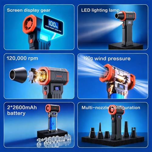 Compressed Air Duster，120000RPM Super Powered Electric Air Duster,4 Gear Adjustable Mini Turbo Blower LED Light,Rechargeable Cordless Dusters for Home Car Outdoor PC Computer Keyboard