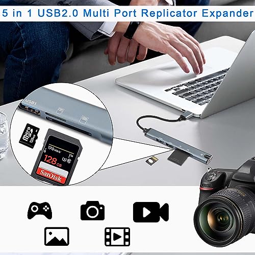 QIANRENON 5 in 1 USB Docking Station Hub USB 2.0 to USB 2.0 TRRS 3.5mm Audio TF/SD Card Reader Multi Function Port Replicator Adapter, for Laptop TF/SD Memory Card ISO 4 Pole Headphone