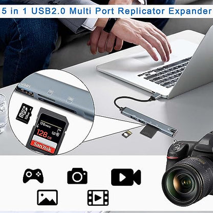 QIANRENON 5 in 1 USB Docking Station Hub USB 2.0 to USB 2.0 TRRS 3.5mm Audio TF/SD Card Reader Multi Function Port Replicator Adapter, for Laptop TF/SD Memory Card ISO 4 Pole Headphone