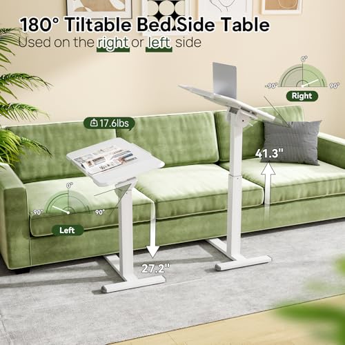 Foldable Mobile Standing Desk 180° Tilt Adjustable on Wheels | 32inch Pneumatic Portable Rising Desk with 4 Hidden or Lockable Casters, Rolling Overbed Bedside Table for Home Office, White - color: White