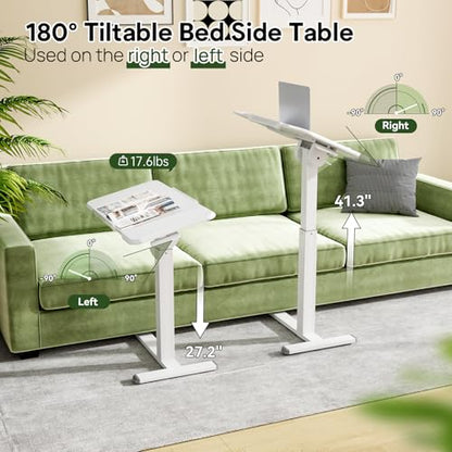 Foldable Mobile Standing Desk 180° Tilt Adjustable on Wheels | 32inch Pneumatic Portable Rising Desk with 4 Hidden or Lockable Casters, Rolling Overbed Bedside Table for Home Office, White - color: White