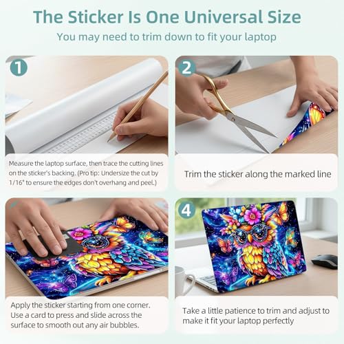 Universal Laptop Skin Decal, 3-Piece Vinyl Protector for 12 13 14 15.6" Notebook, Waterproof Anti-Scratch, Easy Trim & Bubble-Free Finish, Owl with Large Glasse and Flower - color: Owl with Large Glasse and Flower