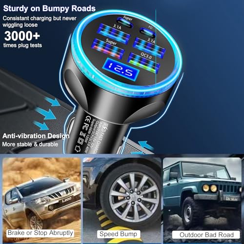 Full PD 30W Multi Port USB C Car Charger Adapter 6 in 1 with Voltage Display, PD4.0/QC4.0/PPS/AFC Super Fast Charging Cigarette Lighter Adapter with Volt Meter for MacBook iPhone Galaxy Android Phones