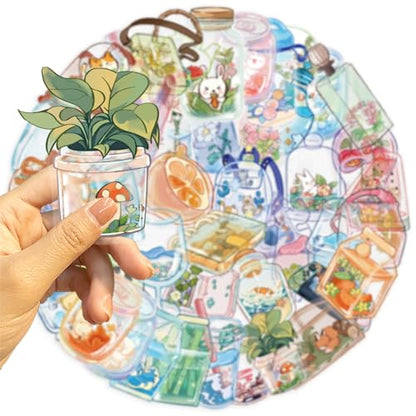 Summer Cartoon Bottles 50 Pcs Transparent PET Stickers - Waterproof handbooks for Cute,Materials - Sticker Art Pieces for Scrapbook Journal Planner Water Bottles Phone Cases Laptops (colourful-B12) - color: Colourful-b12