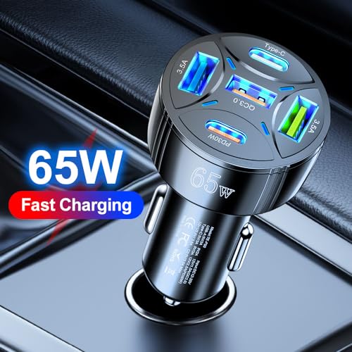 Super Fast Charging USB-C Car Charger Adapter, 65W 5-in-1 Multi-Port PD30W & QC3.0 Cigarette Lighter USB Charger for iPhone/Android/Samsung/iPad Pro (Black) - color: Black