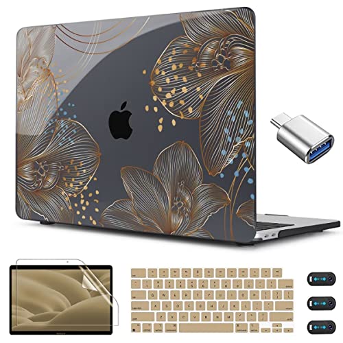 CISSOOK Compatible with MacBook Air 13.6 inch Case A3449 A3240 A3113 A2681 | 2026 2025 2024 2023 2022, 5in1 Set Hard Shell Case Keyboard Cover for MacBook Air 13 inch M2 M3 M4 M5, Gorgeous Flower - color: Air13.6inch-Gorgeous Gold Flower