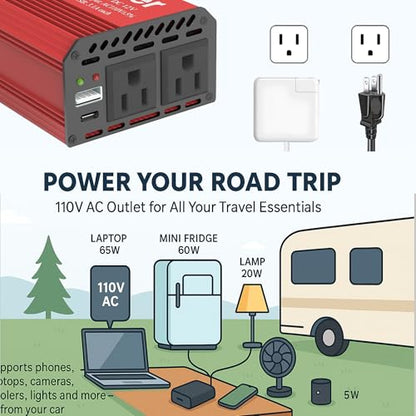 Pro Chaser 400W Power Inverters for Vehicles DC 12v to 110v AC Car Inverter | Converter USB-A, PD 65W USB-C Ports, Dual AC Adapter for Air Compressor Laptops