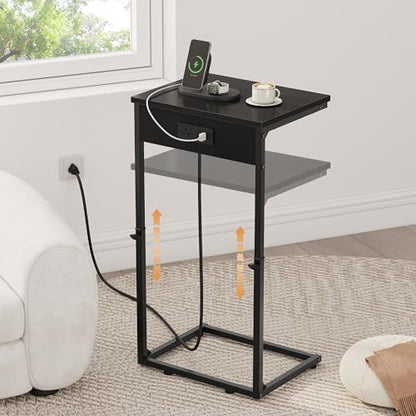 C Shaped End Tables Set of 2 with Charging Station, 33.2'' Tall C Table Adjustable Height Side Table, Small Side Table for Small Spaces, Couch Sofa Table TV Tray for Living Room, Black - color: Black (2 Pack), style: With Plug