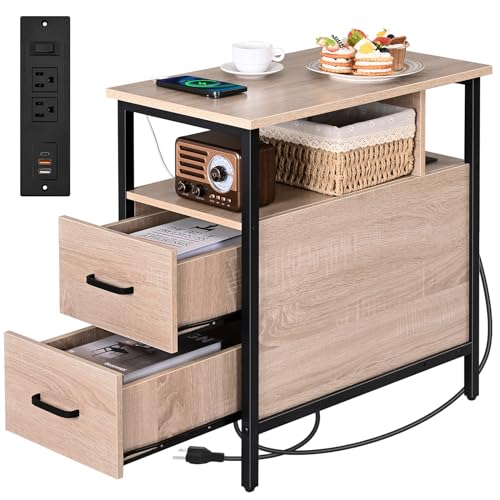 Side Tables with Charging Station, Narrow End Table with 2 Wooden Drawers, USB Ports and Power Outlets, Narrow Nightstand and Bedside Table, Side Tables Living Room, Bedroom, Greige - color: Greige