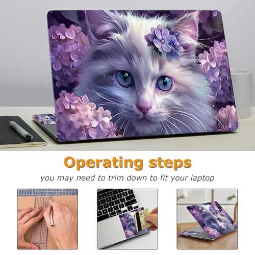 Universal Laptop Skin Sticker with 2 Wrist Pad Decals, 3-Piece Removable Vinyl Laptop Cover, Purple Flower Cat Waterproof Anti-Scratch, Easy-Trim Fit for 13.3" 14" 15.6" Laptops - color: Purple Flower Cat
