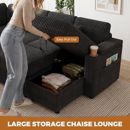 100" Modular Sectional Sleeper Sofa with Pull Out Bed/Side Table/USB Charging/Storage Chaise, U Shaped 7 Seat Corduroy Sofa with Storage Armrests/Cup Holders, Comfy Convertible Cloud Couch, Grey