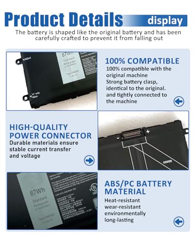 87Wh DWVRR Laptop Battery Replacement for Dell Inspiron 16 7620 2-in-1 & Alienware x15/x17 R1/R2 Series P111F P48E P119F 0017GN 0NR6MH 817GN Battery - size: 12.79*3.54*0.39 inch DWVRR