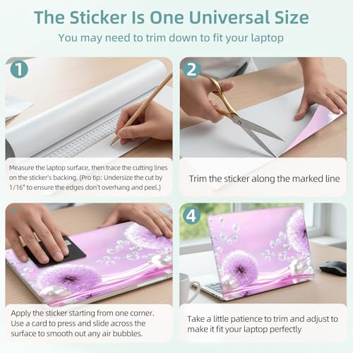 Universal Laptop Skin Decal, 3-Piece Vinyl Protector for 12 13 14 15.6" Notebook, Waterproof Anti-Scratch, Easy Trim & Bubble-Free Finish, Purple Dandelions White Pearls - color: Purple Dandelions White Pearls