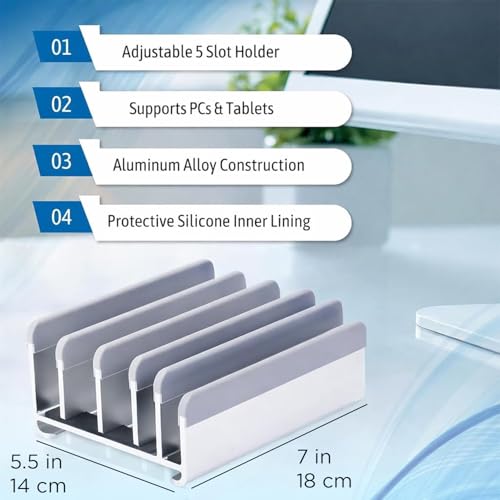 Elestoria 5- Slot Vertical Laptop Stand - Aluminum Laptop Stand Vertical for Desk - Adjustable Width (12-38mm) Fits MacBook Pro/Air, Surface & Gaming Laptops upto 17.3"-Heavy Duty Laptop Holder-Silver - color: Silver