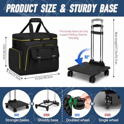 RUCYEN Rolling Teacher Tote Bag for Women Men,Large Laptop Bag With Detachable Wheels Trolley,15.6 Inch Laptop Wheeled Teacher Bag for Work Office Nursing(With a Tote Bag) - color: Golden Black+1 tote bag