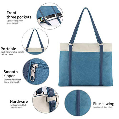 Laptop Tote Bag for Women, 15.6 Inch Work Bag with Laptop Compartment and Zipper, Canvas Computer Tote for Teacher - color: Blue