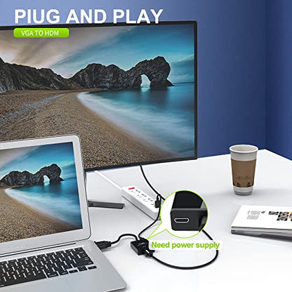 ONTEN VGA to HDMI Adapter, 1080P VGA to HDMI (Male to Female) for Computer, Desktop, Laptop, PC, Monitor, Projector, HDTV with Audio Cable and USB Cable (Black) (2 Pcs)