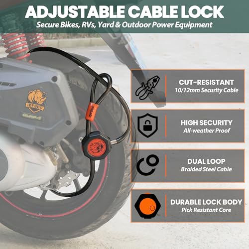 Heavy Duty Adjustable Cable Lock with 4 Keys | 5' x 1/2" Weatherproof Dual Cinch Security Cable for Bikes, Scooters, ATVs, Generators, Ladders, Tools & Outdoor Gear - size: 5' x 1/2" Diameter
