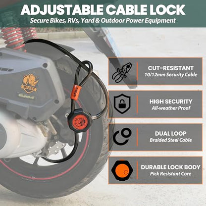 Heavy Duty Adjustable Cable Lock with 4 Keys | 5' x 1/2" Weatherproof Dual Cinch Security Cable for Bikes, Scooters, ATVs, Generators, Ladders, Tools & Outdoor Gear - size: 5' x 1/2" Diameter