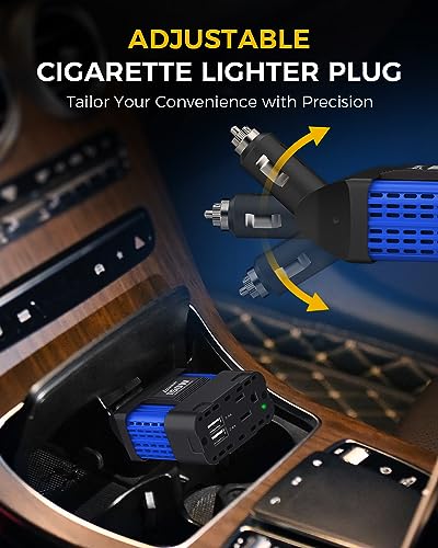 150W Car Power Inverter, 12V DC to 120V AC, Cigarette Lighter Plug | 300W Surge Peak, 1 AC Outlet, Dual USB 4.8A, 11 Protections, Compact for Laptop, Phone, Car, RV, Travel - color: 150W Blue