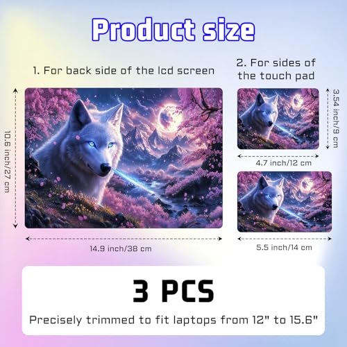 Universal Laptop Skin Sticker Decal, Compatible with MacBook HP Dell Lenovo 12"-15.6", Reusable Vinyl Notebook Cover 3PCS Set, High-Recognition Film-Galaxy Wolf Moon - color: Galaxy Wolf Moon