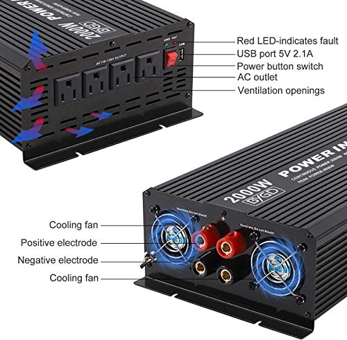 BYGD 2000W Power Inverter 12V DC to 110V AC Inverter Converter with 4 AC Outlets Dual 2.1A USB Ports for Home, RV, Boat, Truck, Off-Grid Solar System - size: 2000W