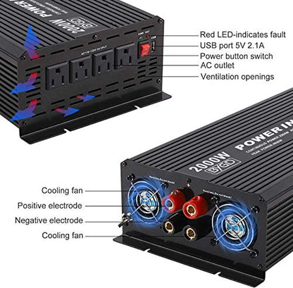 BYGD 2000W Power Inverter 12V DC to 110V AC Inverter Converter with 4 AC Outlets Dual 2.1A USB Ports for Home, RV, Boat, Truck, Off-Grid Solar System - size: 2000W