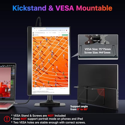 kksmart Portable Monitor 15.6 inch 4K UHD 145% sRGB 60Hz, Travel Monitor for Laptop MacBook Surface PC Xbox PS5, HDMI USB-C VESA Compatible Built-in Speaker - size: 15.6inch