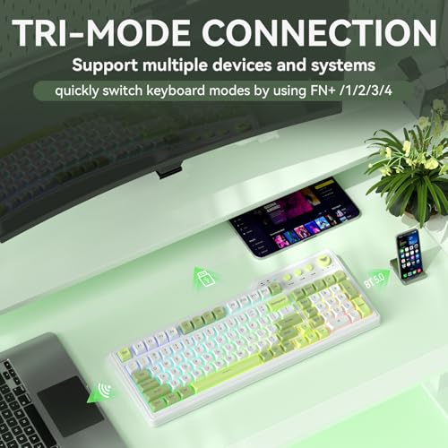 Aula F3099 Wireless Keyboard with Media Knob, Tri-Mode BT5.0/2.4GHz/USB-C Cute Creamy Keyboard with Number Pad, RGB Backlit Gaming Keyboard, Quiet Typing Green Computer Keyboards for Office Laptop/PC - color: White & Green