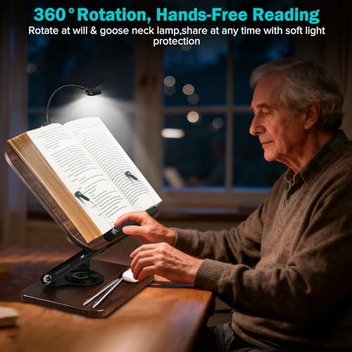 Book Stand with Light & Storage, Book Holders for Reading Hands Free | bible stand holder, wooden cookbook stand, adjustable Height, 360 °Angle, for Recipe Magazine Laptop Tablet Bible