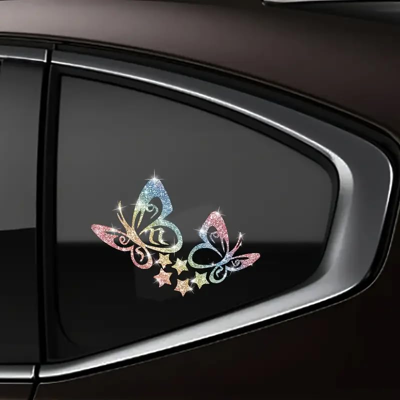 2pcs Sparkling Butterfly Star Sunflower Self-Adhesive PVC Rainbow Glittery Decal Sticker for Cars, Laptops, Trucks, Motorcycles Wall Window Luggage Scratch Cover Door Multi-Surface Decor Sticker