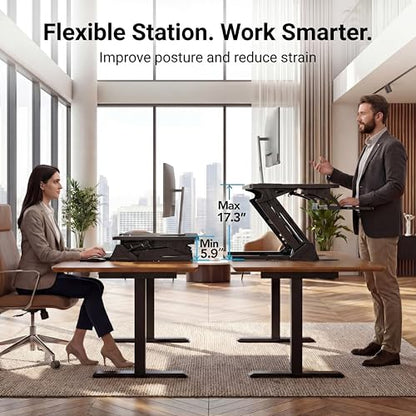 HUANUO 36" Z Shaped Stable Standing Desk Converter, Height Adjustable Sit Stand Up Desk Riser, Dual Monitor and Laptop Workstation with Wide Keyboard Tray, Desk Lifter for Home Office,Black