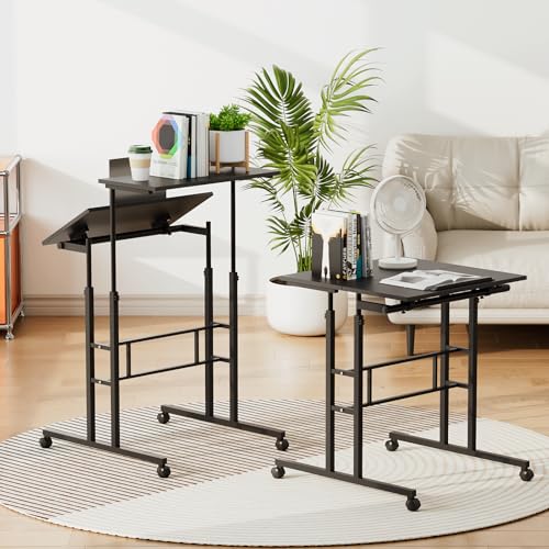 Athena Collection Rolling Standing Desk Small Mobile Table, Black | 4 Lockable Wheels, Engineered Wood Split Top, Adjustable Height for Home Office Computer Workstation - color: Black
