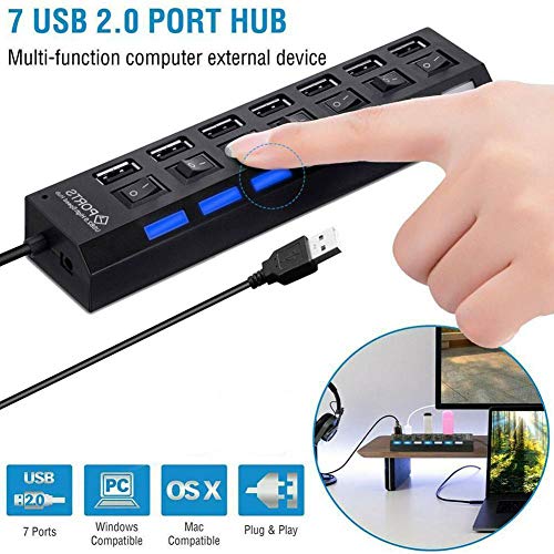 7-Port USB 2.0 Hub, USB Extender Splitter with Individual LED ON/Off Switches, Over-Current Protection, Plug-and-Play for Laptop